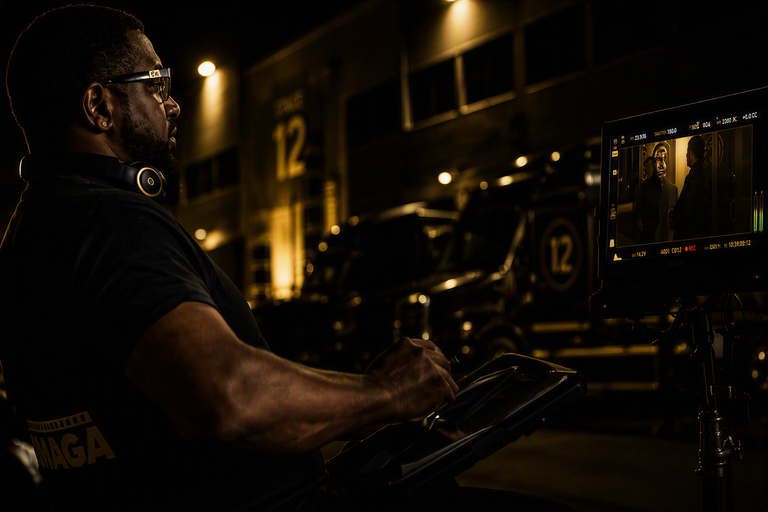 Desmond "Dehz" Donahue directing on set at the monitor